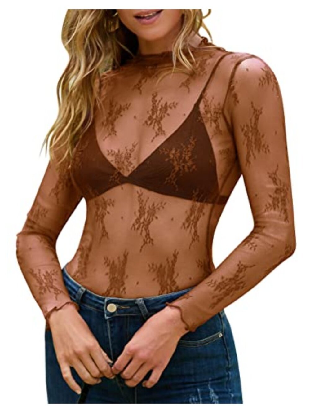 Women's Mesh Sheer Long Sleeve Layering Top Mock Neck Lace Floral See Through